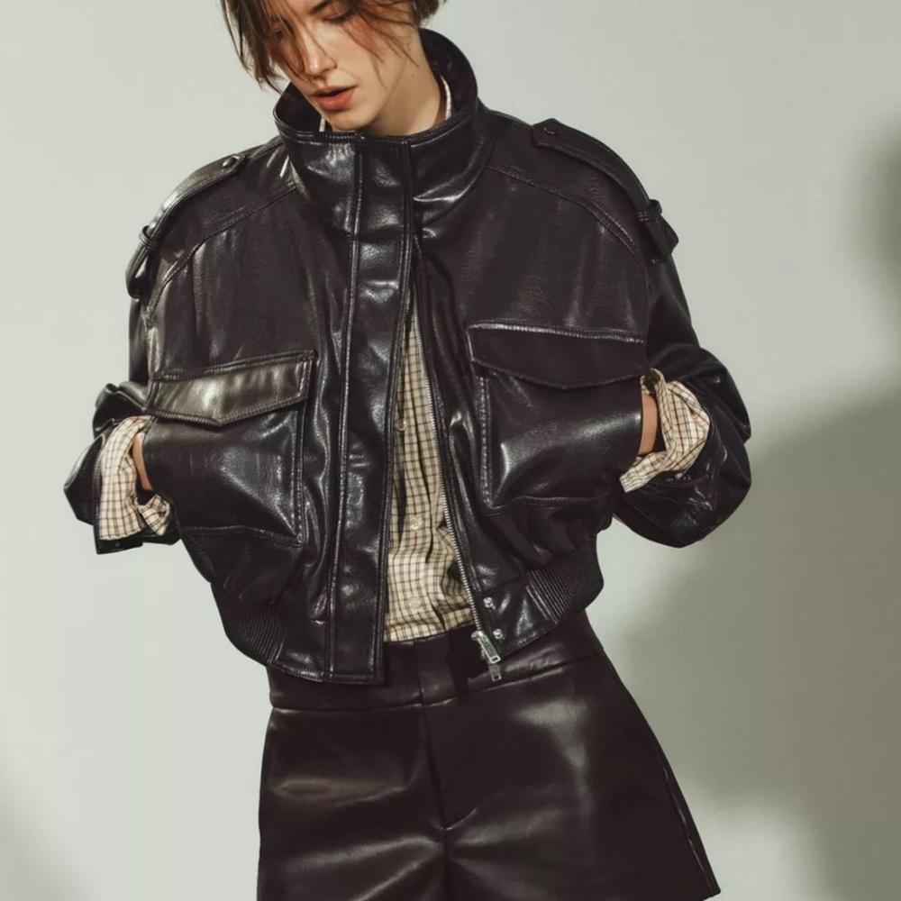 Zara Brown Vegan Leather Cropped Bomber Jacket xs - Picture 10 of 13